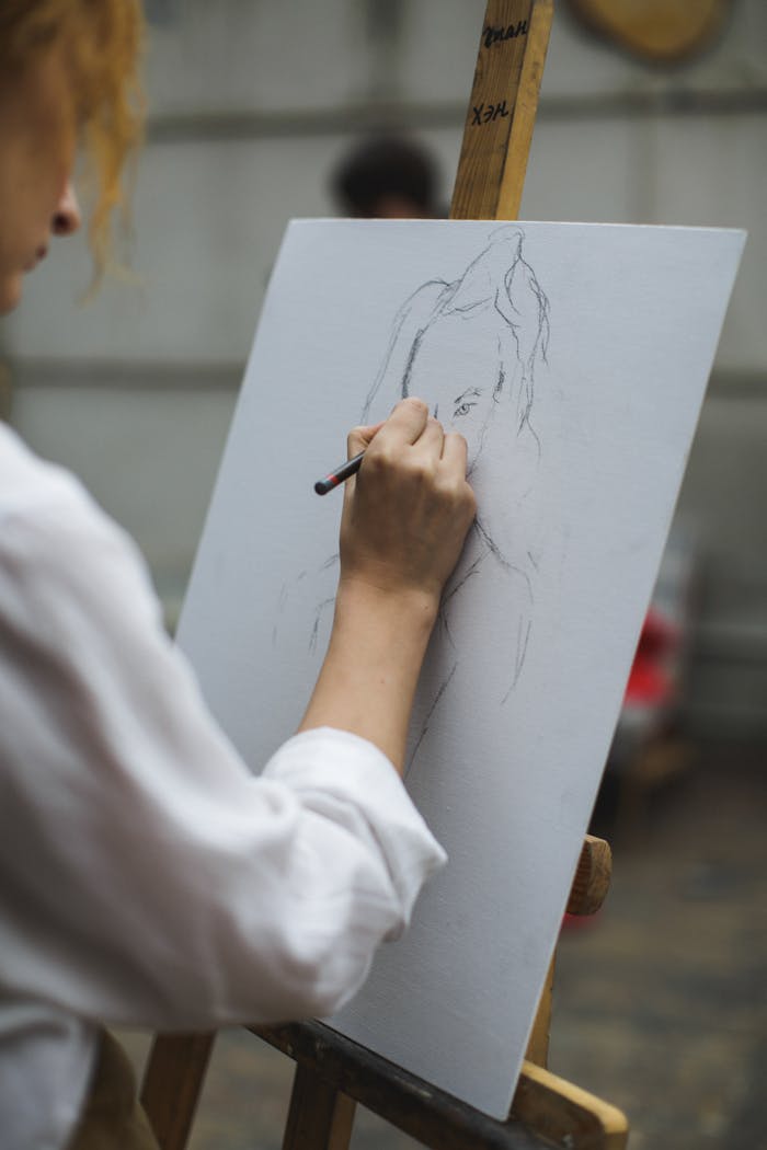 our-services-1 A focused artist sketching a portrait on canvas with pencil indoors.